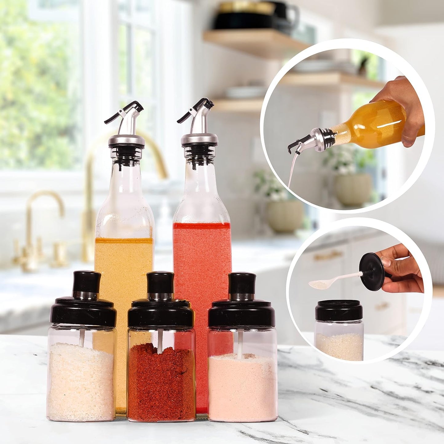 1 Omr - 5 pc set includes 2 Oil Bottle Oil Dispenser Bottle with 3 Glass Spice Jars Seasonning Box