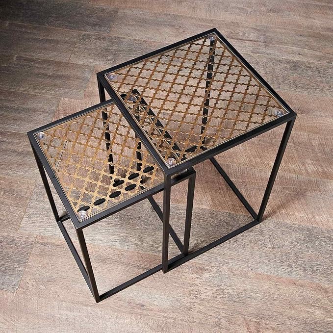 3.99 Omr New Stunning Modern Design Glass Top Farah Nest of 2 Tables With Black Metal Base N-22