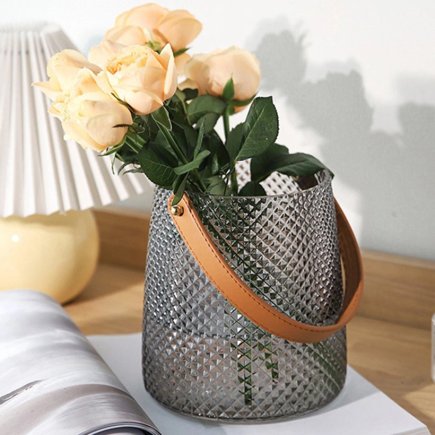 0.7 Omr Textured Diamond Patterned Vase Glass with Leather Handle - Wedding Gift - For the Home - Christmas Decor - Hurricane Lantern - Candle