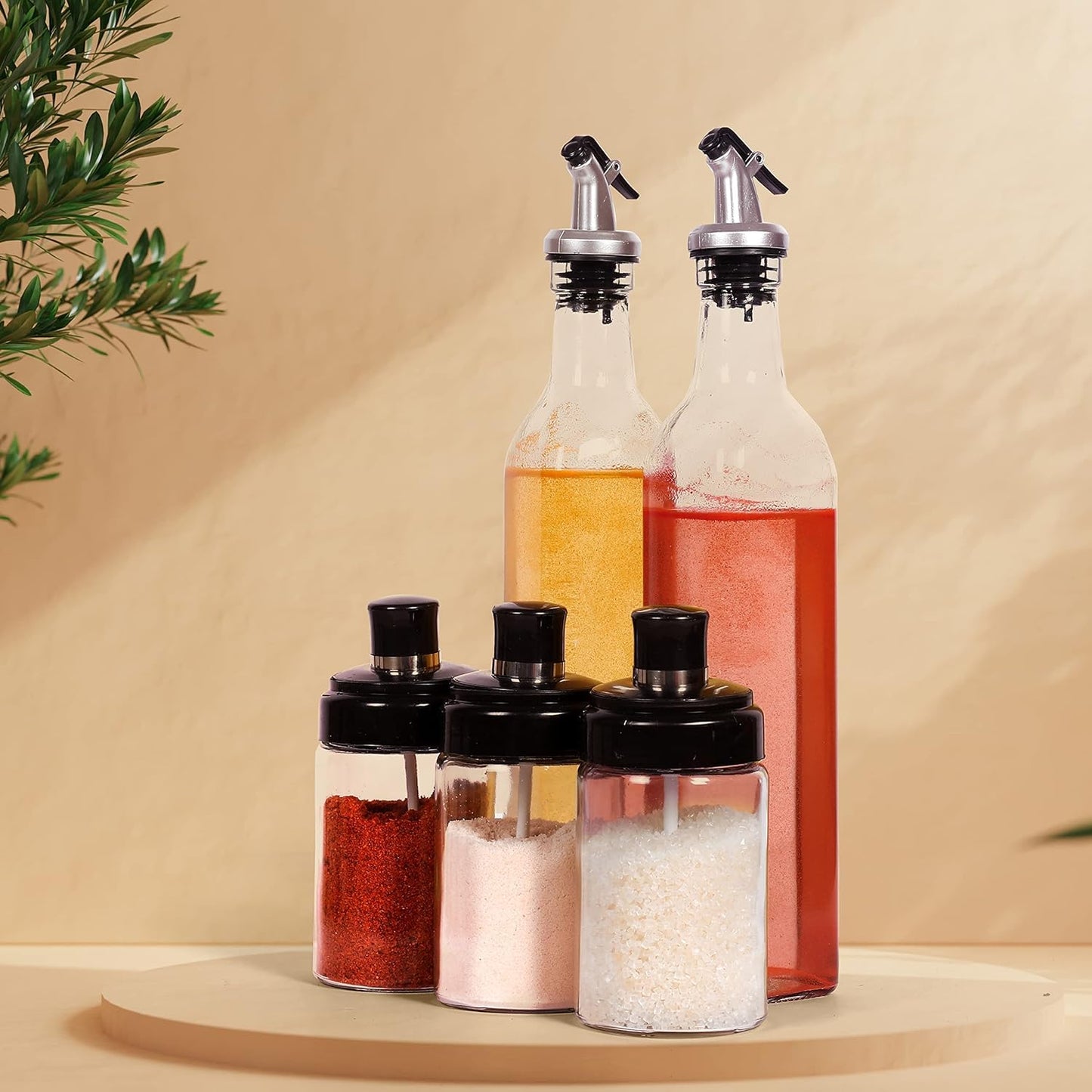 1 Omr - 5 pc set includes 2 Oil Bottle Oil Dispenser Bottle with 3 Glass Spice Jars Seasonning Box