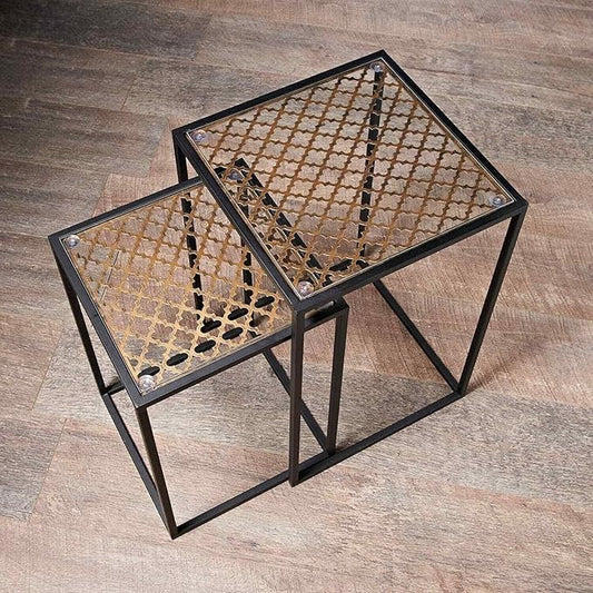 3.99 Omr New Stunning Modern Design Glass Top Farah Nest of 2 Tables With Black Metal Base N-22