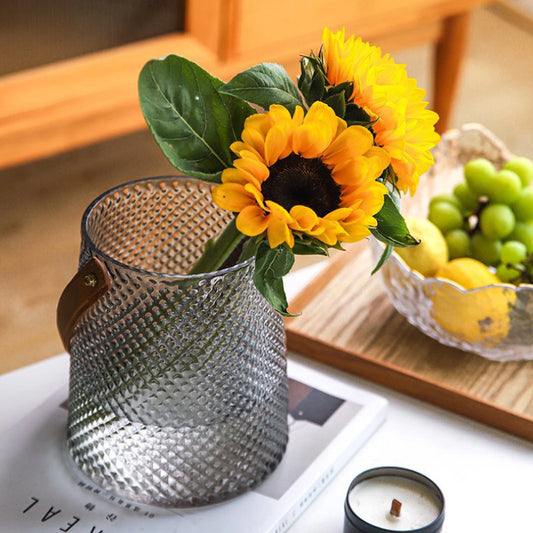 0.7 Omr Textured Diamond Patterned Vase Glass with Leather Handle - Wedding Gift - For the Home - Christmas Decor - Hurricane Lantern - Candle
