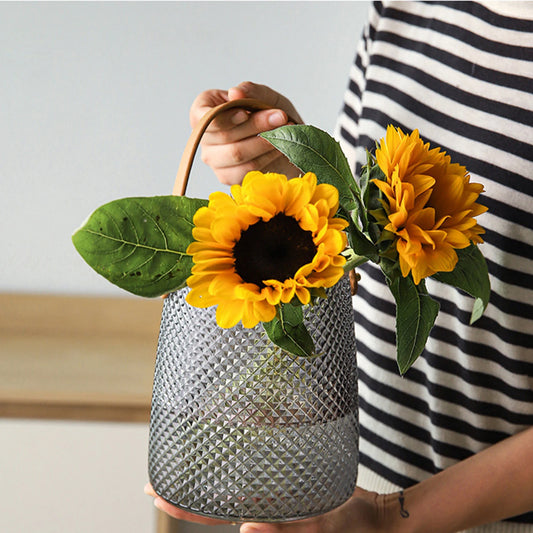 0.7 Omr Textured Diamond Patterned Vase Glass with Leather Handle - Wedding Gift - For the Home - Christmas Decor - Hurricane Lantern - Candle